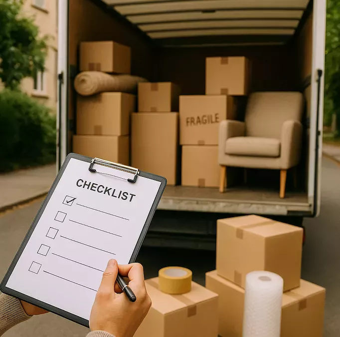 En flyttbil med öppen baklucka lastad med flyttkartonger och möbler, en person som håller en checklista, och packmaterial som tejp och bubbelplast