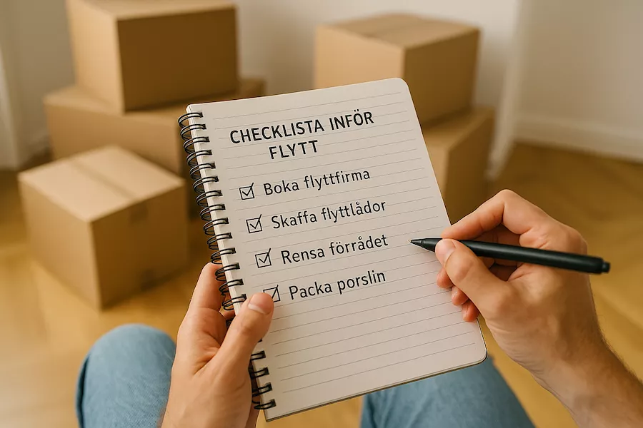 Person som skriver checklista för flyttfirma inför första flytten